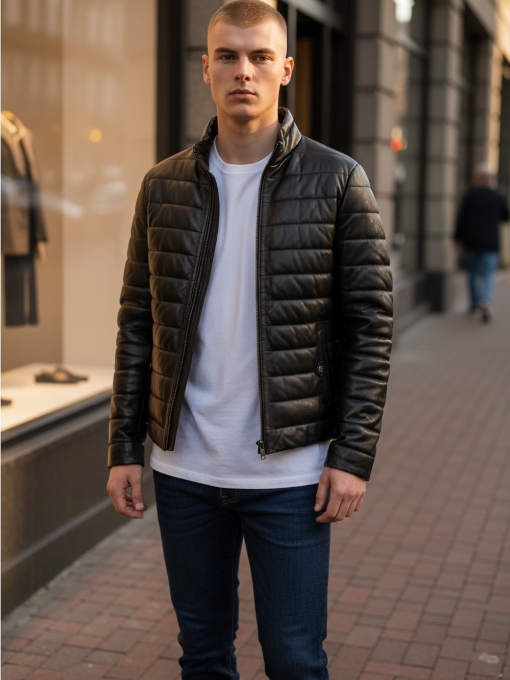 Men's Black Quilted Leather Puffer Jacket NWT